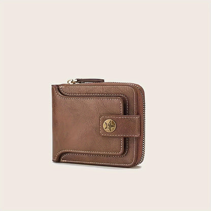 Sleek faux leather wallet featuring a tree pattern, with compact zippered credit card holder and coin purse in light brown for men.