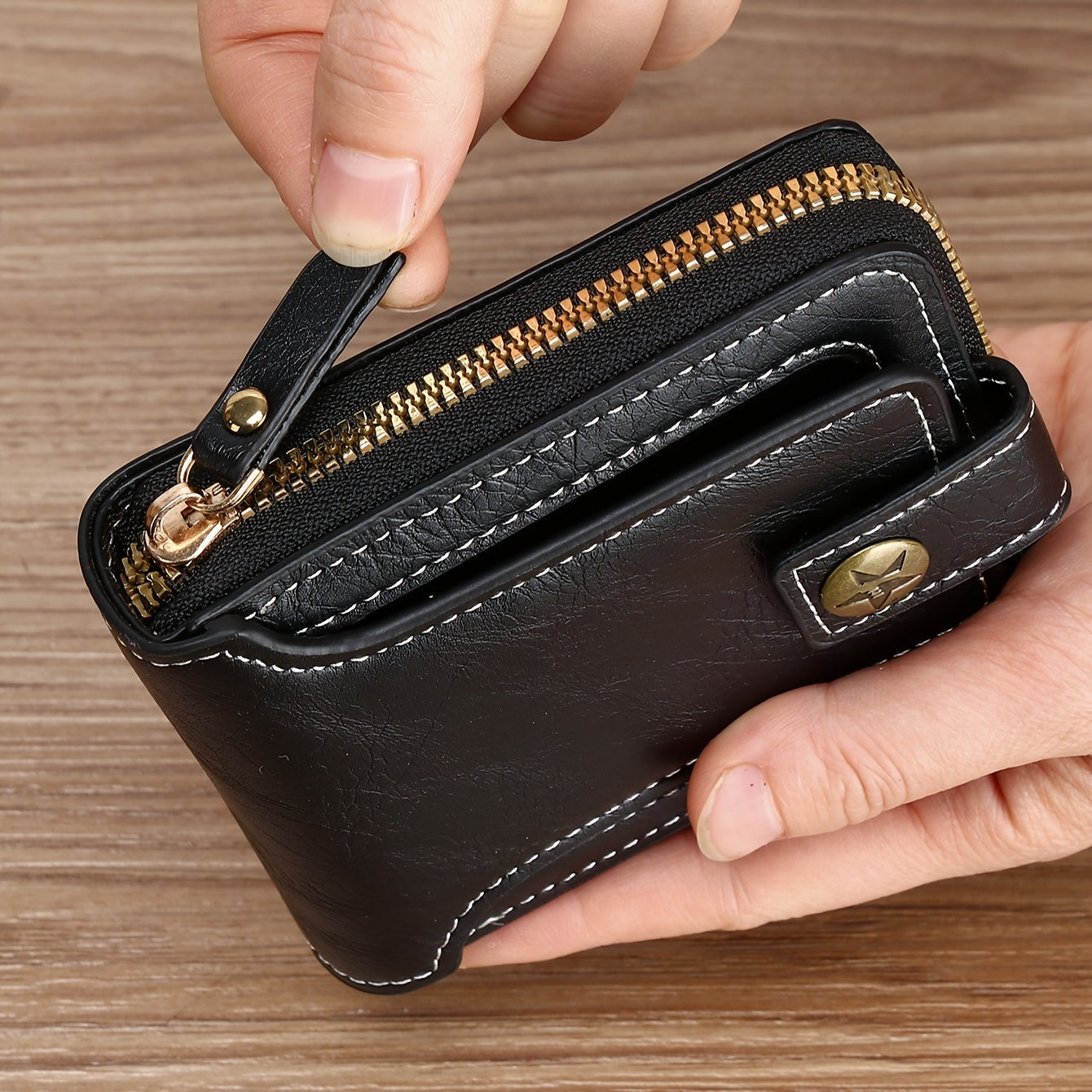 Sleek faux leather wallet featuring a tree pattern, with compact zippered credit card holder and coin purse in light brown for men.