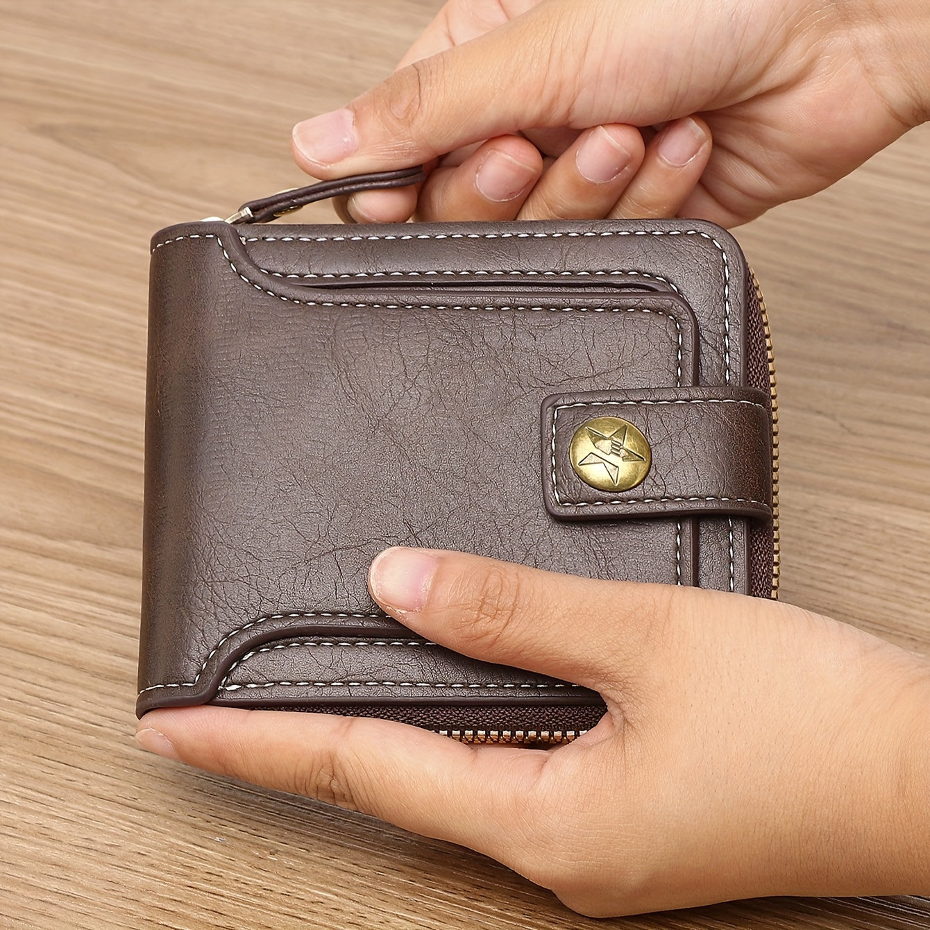 Sleek faux leather wallet featuring a tree pattern, with compact zippered credit card holder and coin purse in light brown for men.