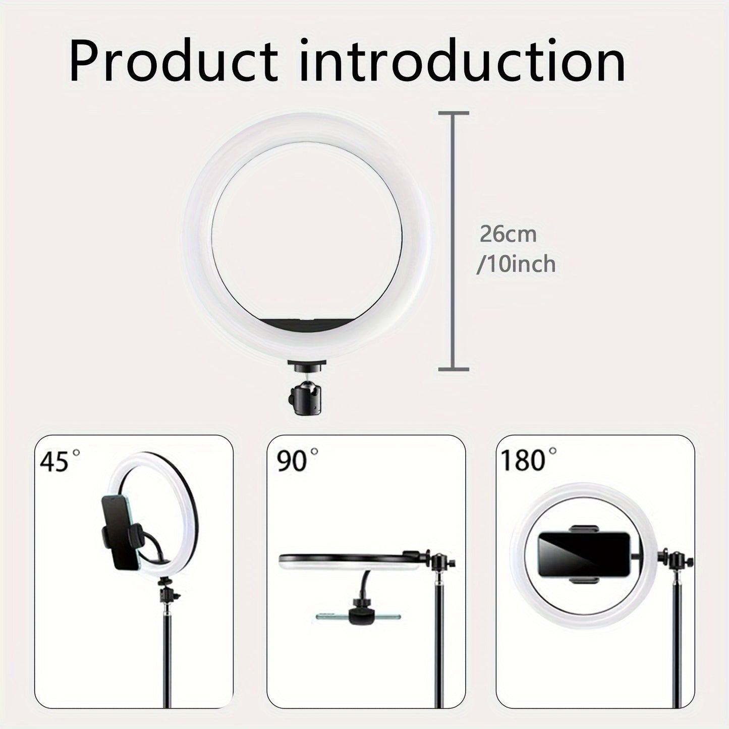 LED selfie ring light with foldable arm, phone stand, adjustable tripod, and adjustable lighting modes.