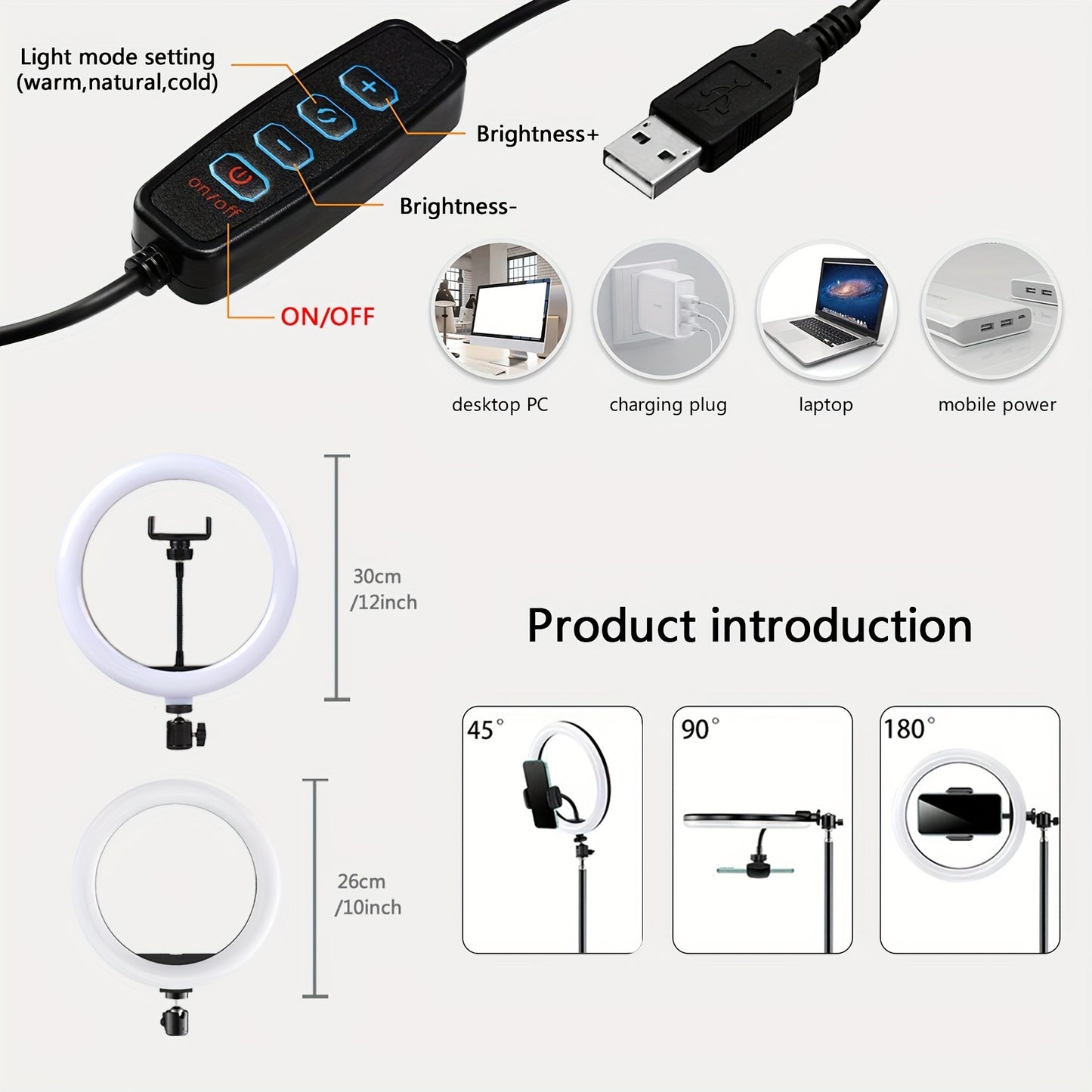 Светодиодное кольцевое освещение для селфи с складной рукой, подставкой для телефона, регулируемым штативом и настраиваемыми режимами освещения.