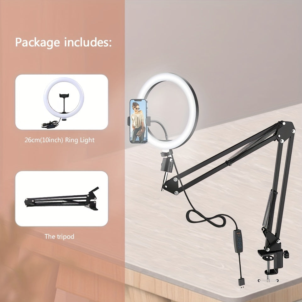 LED selfie ring light with foldable arm, phone stand, adjustable tripod, and adjustable lighting modes.