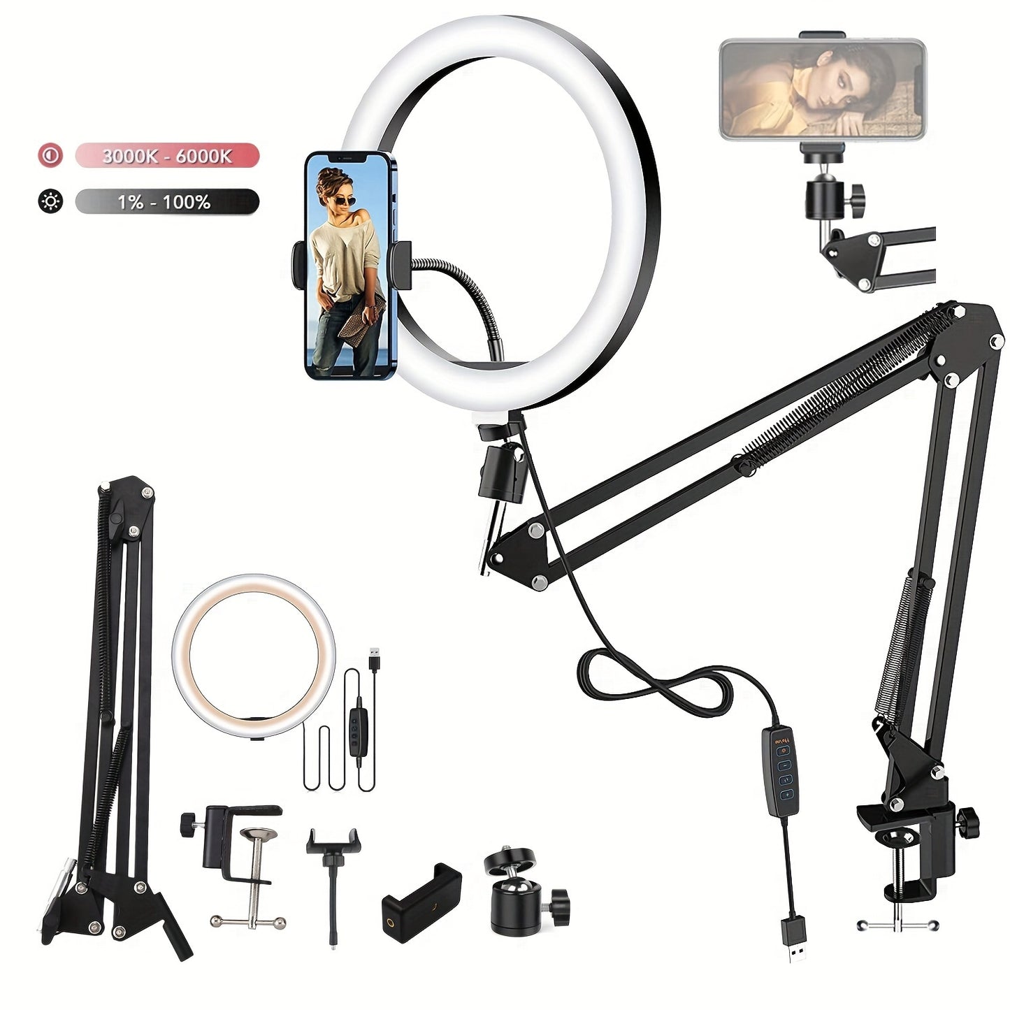 LED selfie ring light with foldable arm, phone stand, adjustable tripod, and adjustable lighting modes.