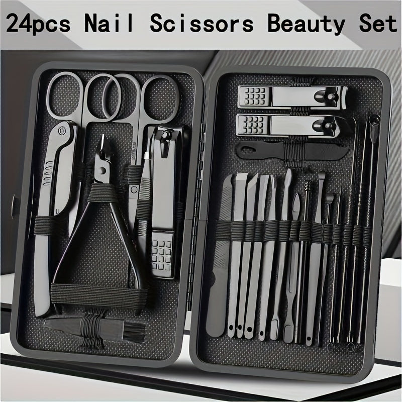 Set of 24 nail clippers and trimming tools with travel case, including trimmer, scissors, and professional manicure/pedicure set.