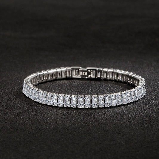 Elegant Women's Bracelet with Vintage Bohemian Style, Crafted from 925 Sterling Silver and Natural Cubic Zirconia, Featuring a Full Pave Rectangular Design, Perfect for Gifting and Holiday Festivities.