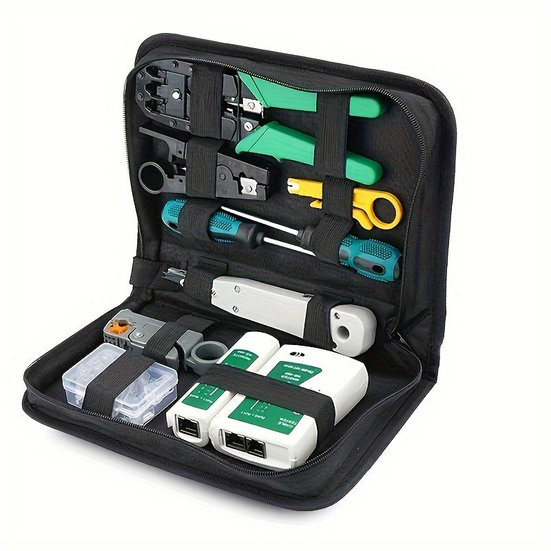 Professional LAN network repair kit includes RJ45 tester, crimping pliers, cable tracer, and clamp set. Portable, no batteries needed.