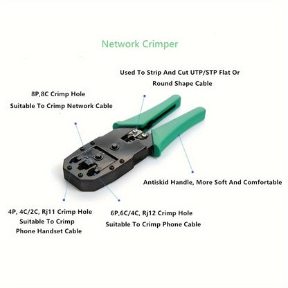 Professional LAN network repair kit includes RJ45 tester, crimping pliers, cable tracer, and clamp set. Portable, no batteries needed.