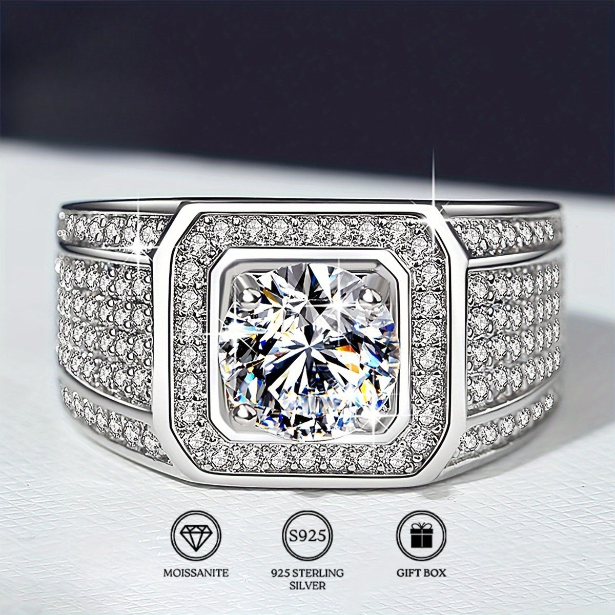 A 1/2/5 Carat Moissanite Engagement Ring for Men, Crafted in 925 Sterling Silver with 18K Golden Plating. This Boho & Vacation Style Jewelry is perfect for daily wear or as a gift for special occasions. It is Spring Season compatible and comes with