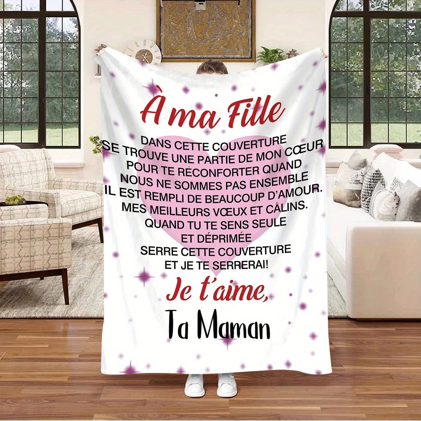 Personalized French Message Flannel Throw Blanket for Your Daughter - Perfect for All Seasons, Made with Knitted Polyester, Featuring Digital Print, Luxuriously Soft Envelope Gift Blanket for Birthdays, Anniversaries, and Special Celebrations -