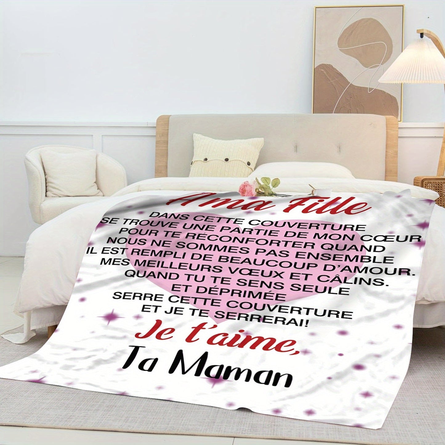 Personalized French Message Flannel Throw Blanket for Your Daughter - Perfect for All Seasons, Made with Knitted Polyester, Featuring Digital Print, Luxuriously Soft Envelope Gift Blanket for Birthdays, Anniversaries, and Special Celebrations -