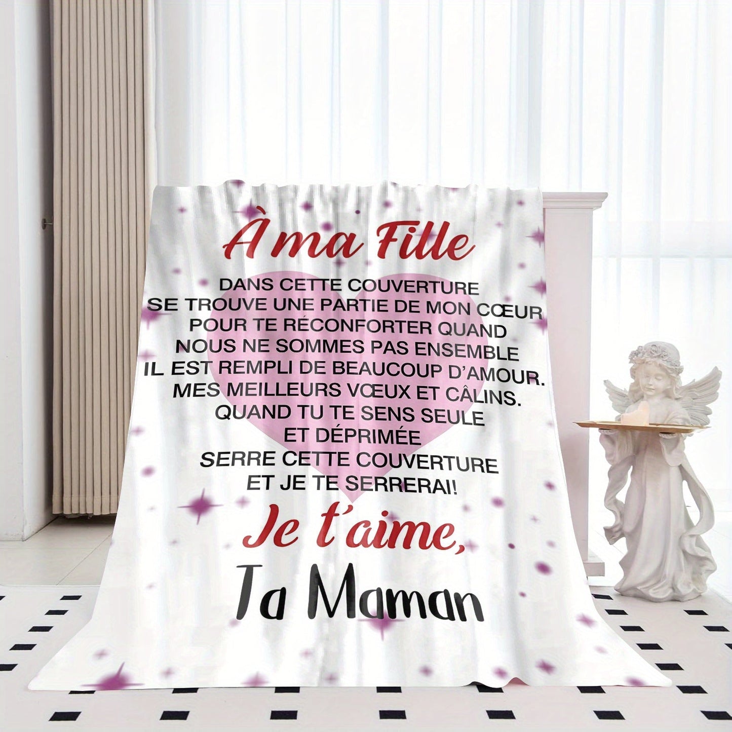 Personalized French Message Flannel Throw Blanket for Your Daughter - Perfect for All Seasons, Made with Knitted Polyester, Featuring Digital Print, Luxuriously Soft Envelope Gift Blanket for Birthdays, Anniversaries, and Special Celebrations -