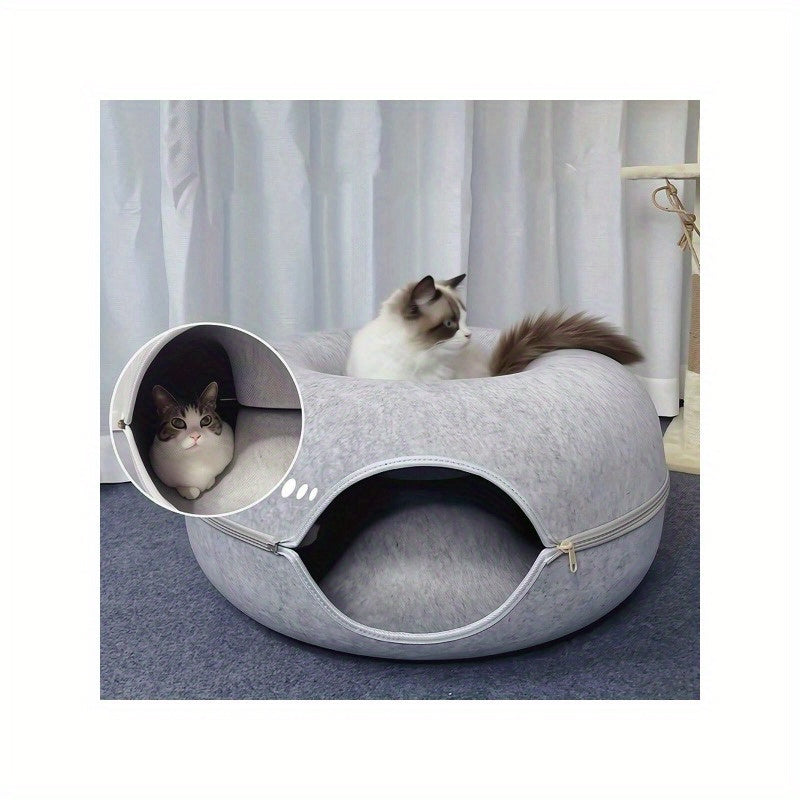 Donut-shaped cat bed with interactive felt tunnel, also serves as a canvas cat house for small to medium cats, ferrets, and rabbits, can be used as a play and training toy.