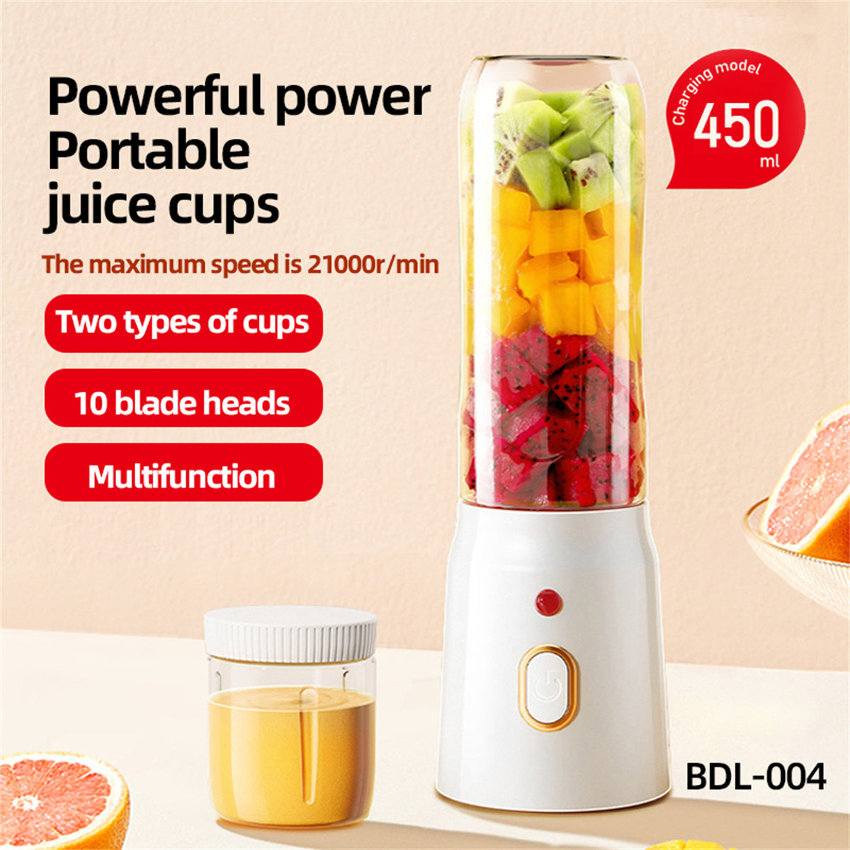 Enjoy Fresh Citrus Juice Anywhere with our Portable Dual Cup Citrus Juicer! This convenient juicer features a USB rechargeable 1500mAh lithium battery and easy button operation. Made from durable plastic material, it has a detachable design for easy