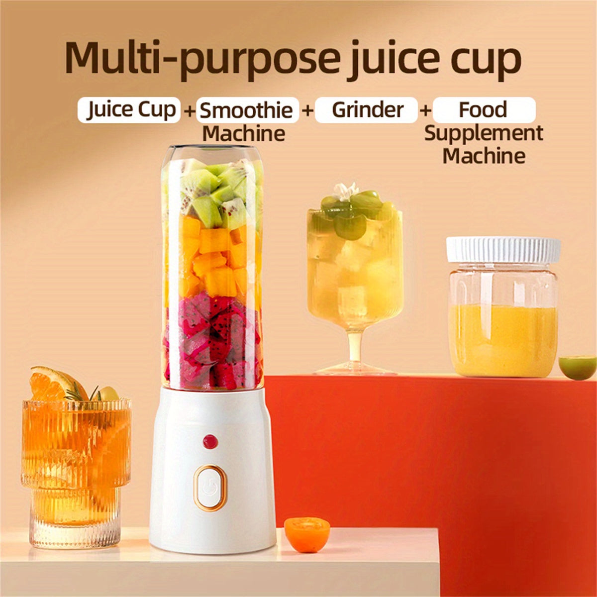 Enjoy Fresh Citrus Juice Anywhere with our Portable Dual Cup Citrus Juicer! This convenient juicer features a USB rechargeable 1500mAh lithium battery and easy button operation. Made from durable plastic material, it has a detachable design for easy