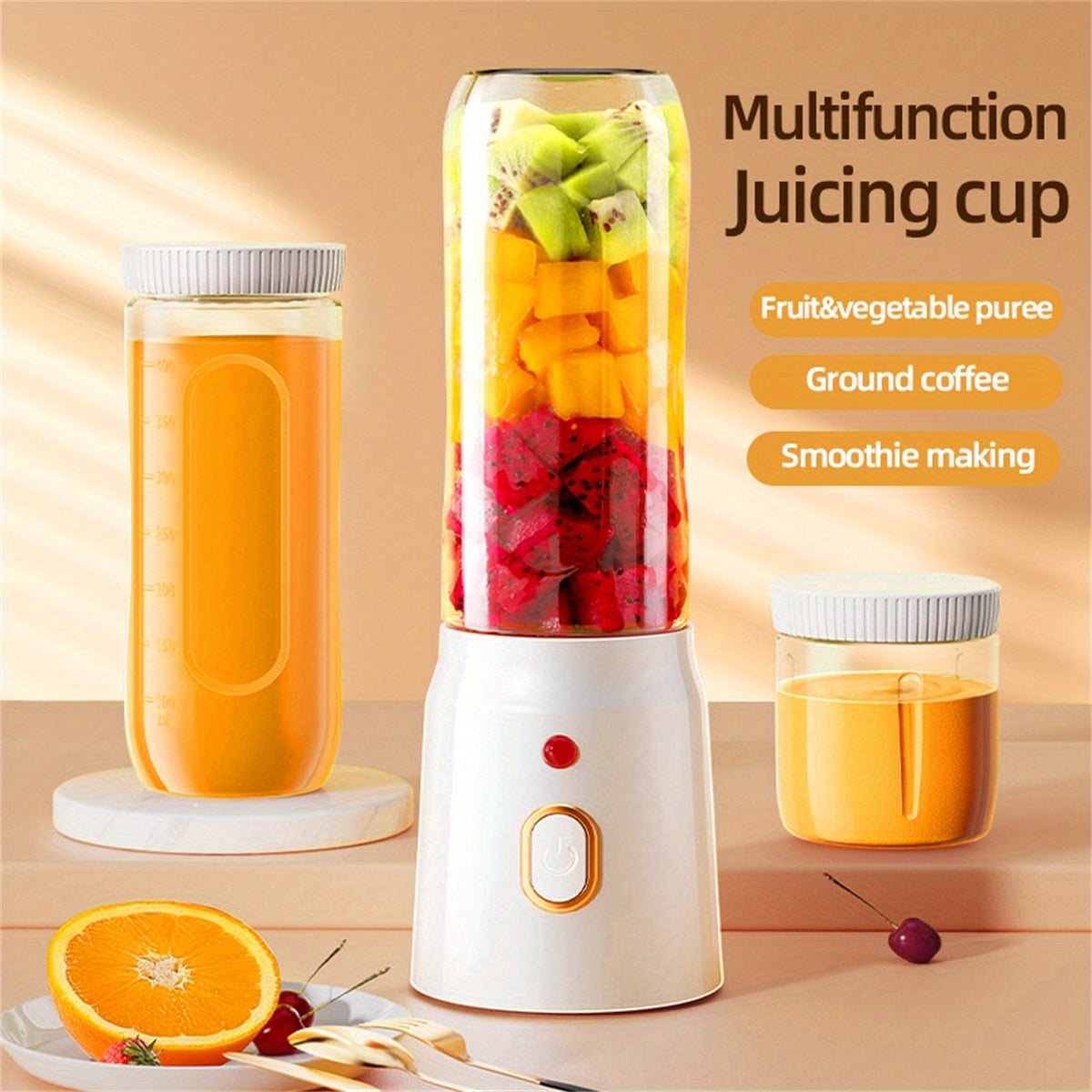 Enjoy Fresh Citrus Juice Anywhere with our Portable Dual Cup Citrus Juicer! This convenient juicer features a USB rechargeable 1500mAh lithium battery and easy button operation. Made from durable plastic material, it has a detachable design for easy