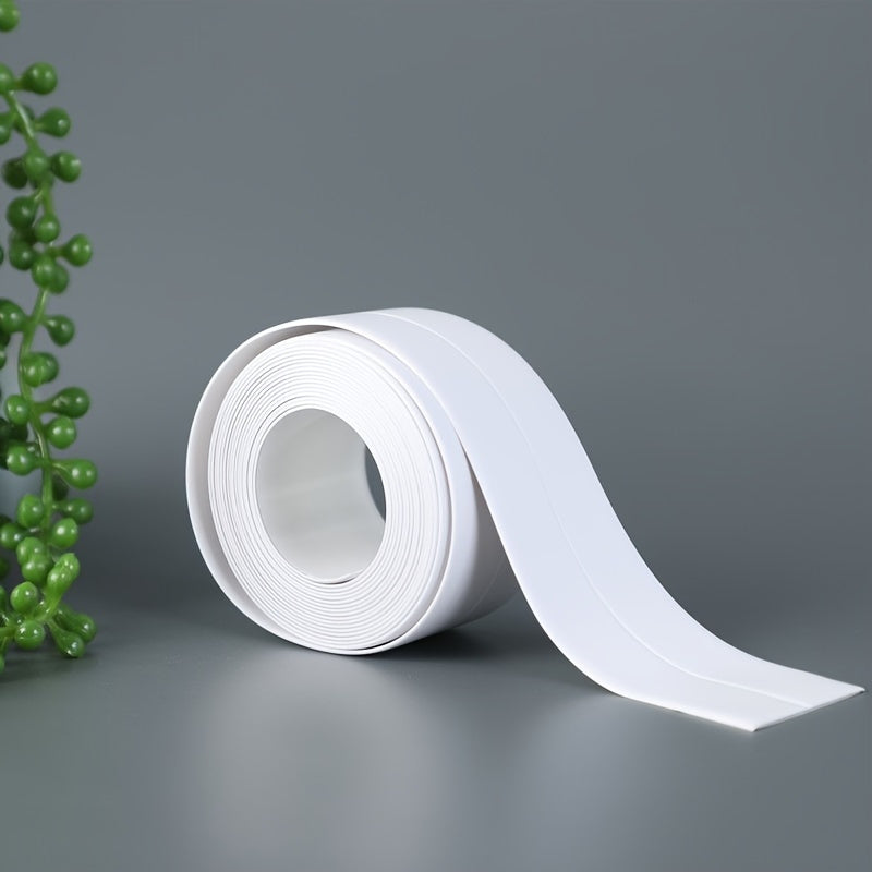 Waterproof caulk tape for bathroom and toilet, self-adhesive strip for bathtub, sink, and wall edge protection, white PVC.