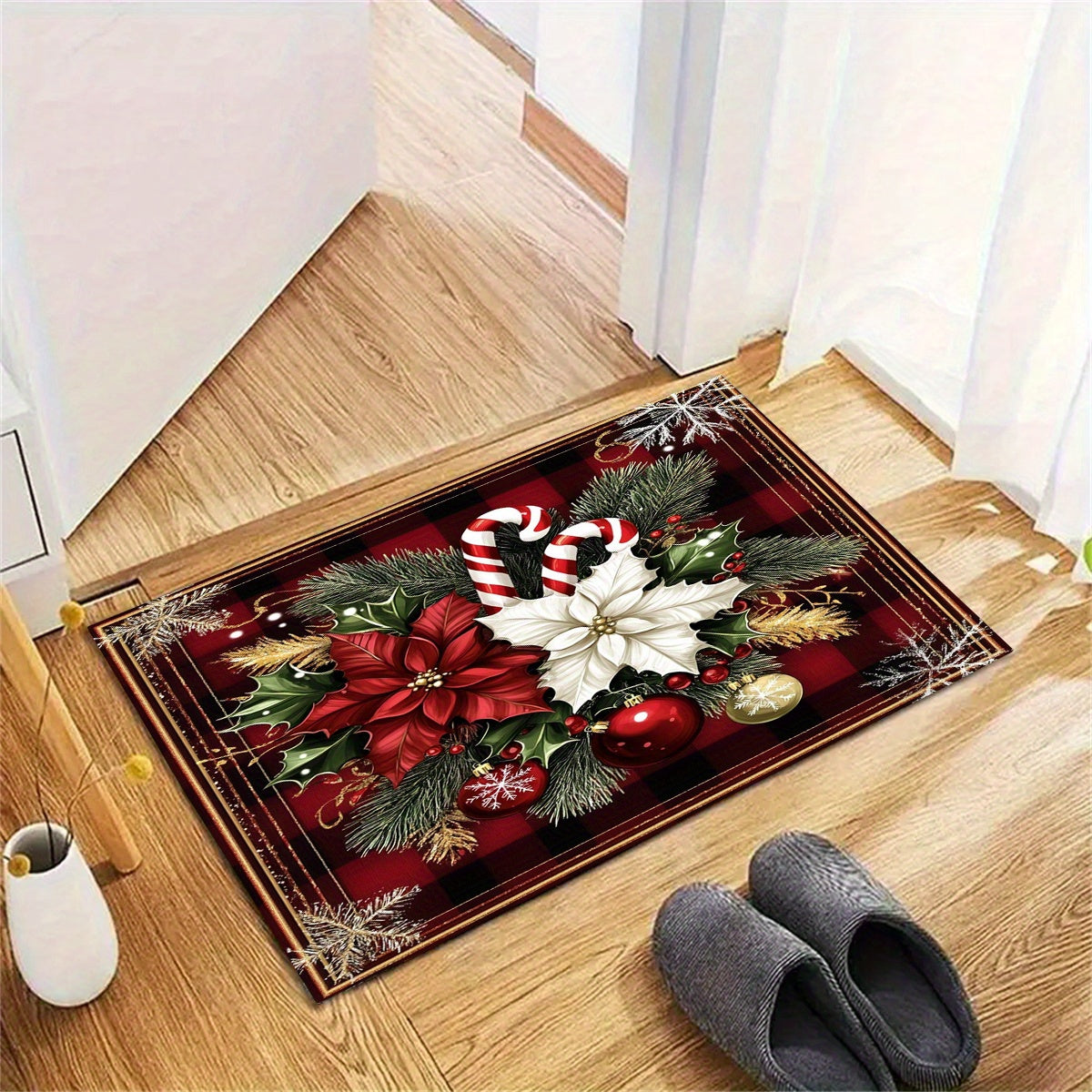 3D Printed Entrance Doormat featuring red and white flowers for Bedroom, Balcony or Living Room. This Anti-slip Floor Mat Rug Carpet is perfect for adding a touch of decor to your living space.