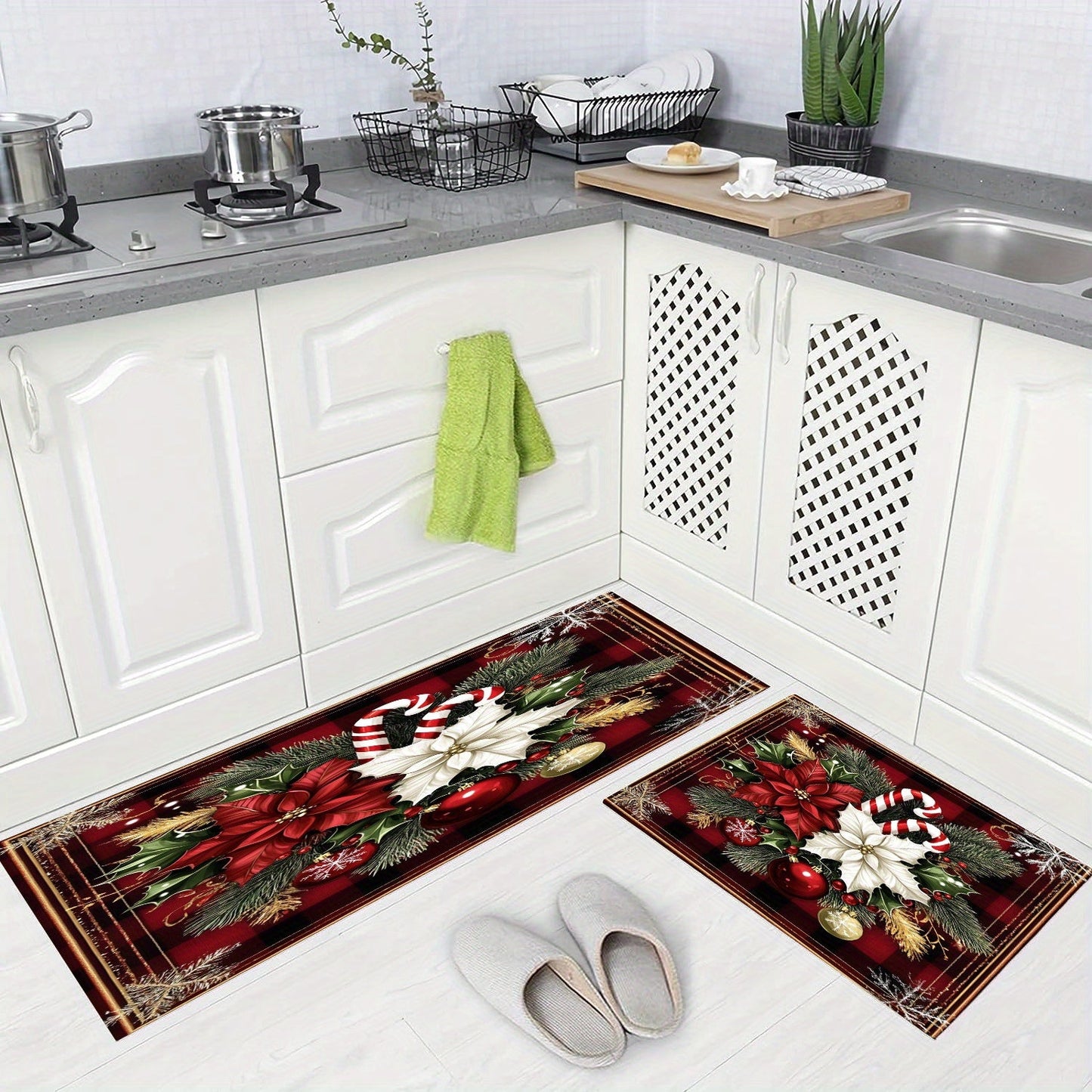 3D Printed Entrance Doormat featuring red and white flowers for Bedroom, Balcony or Living Room. This Anti-slip Floor Mat Rug Carpet is perfect for adding a touch of decor to your living space.