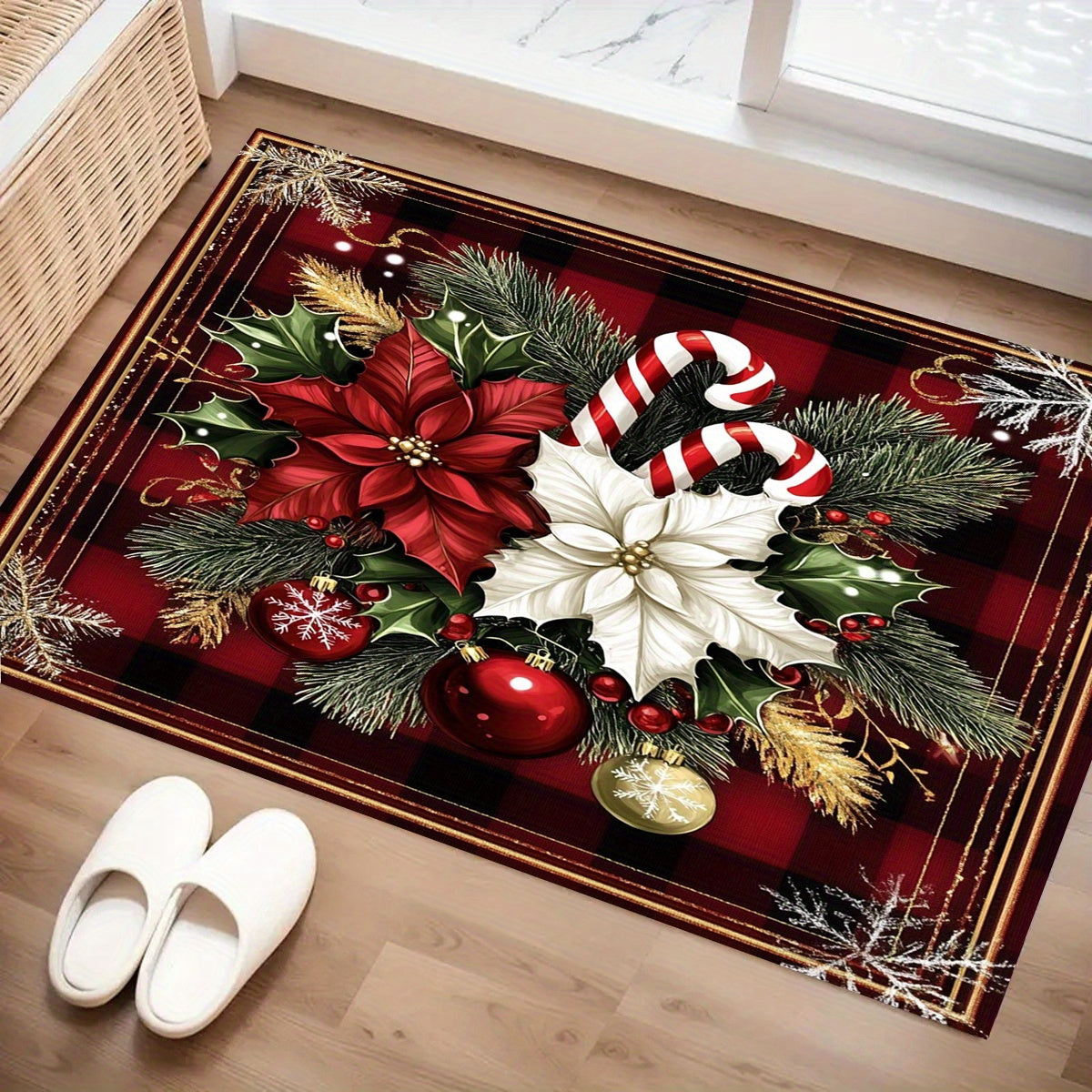 3D Printed Entrance Doormat featuring red and white flowers for Bedroom, Balcony or Living Room. This Anti-slip Floor Mat Rug Carpet is perfect for adding a touch of decor to your living space.