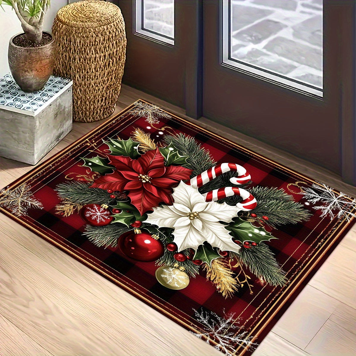 3D Printed Entrance Doormat featuring red and white flowers for Bedroom, Balcony or Living Room. This Anti-slip Floor Mat Rug Carpet is perfect for adding a touch of decor to your living space.