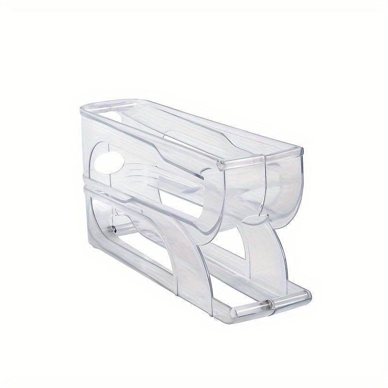 3-Tier automatic rolling egg holder for fridge made of transparent plastic. Features sliding dispenser for easy access and freshness preservation. Fits standard eggs, no batteries required.