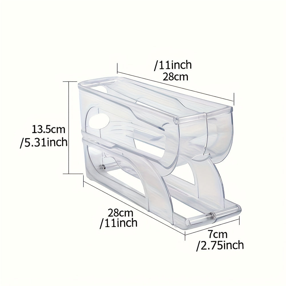 3-Tier automatic rolling egg holder for fridge made of transparent plastic. Features sliding dispenser for easy access and freshness preservation. Fits standard eggs, no batteries required.