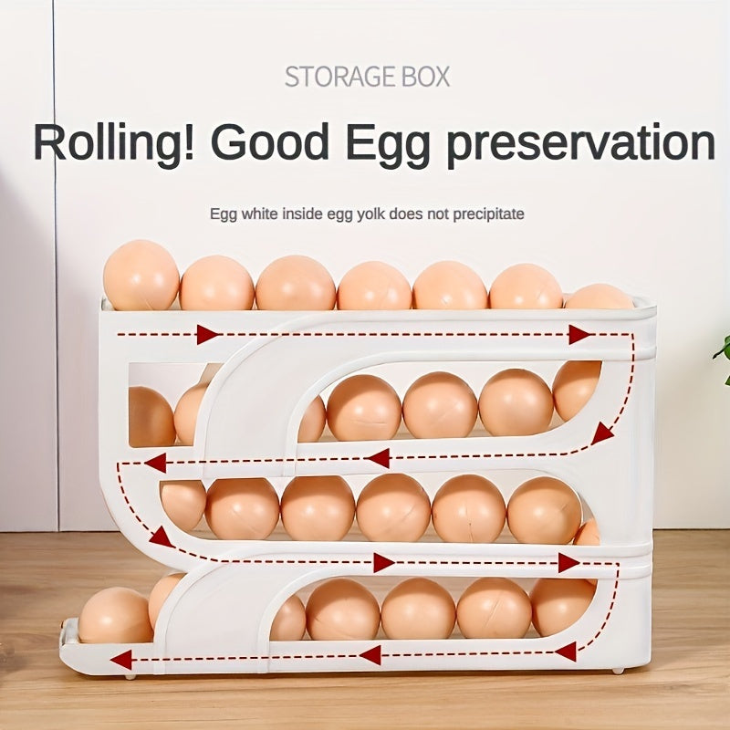 3-Tier automatic rolling egg holder for fridge made of transparent plastic. Features sliding dispenser for easy access and freshness preservation. Fits standard eggs, no batteries required.