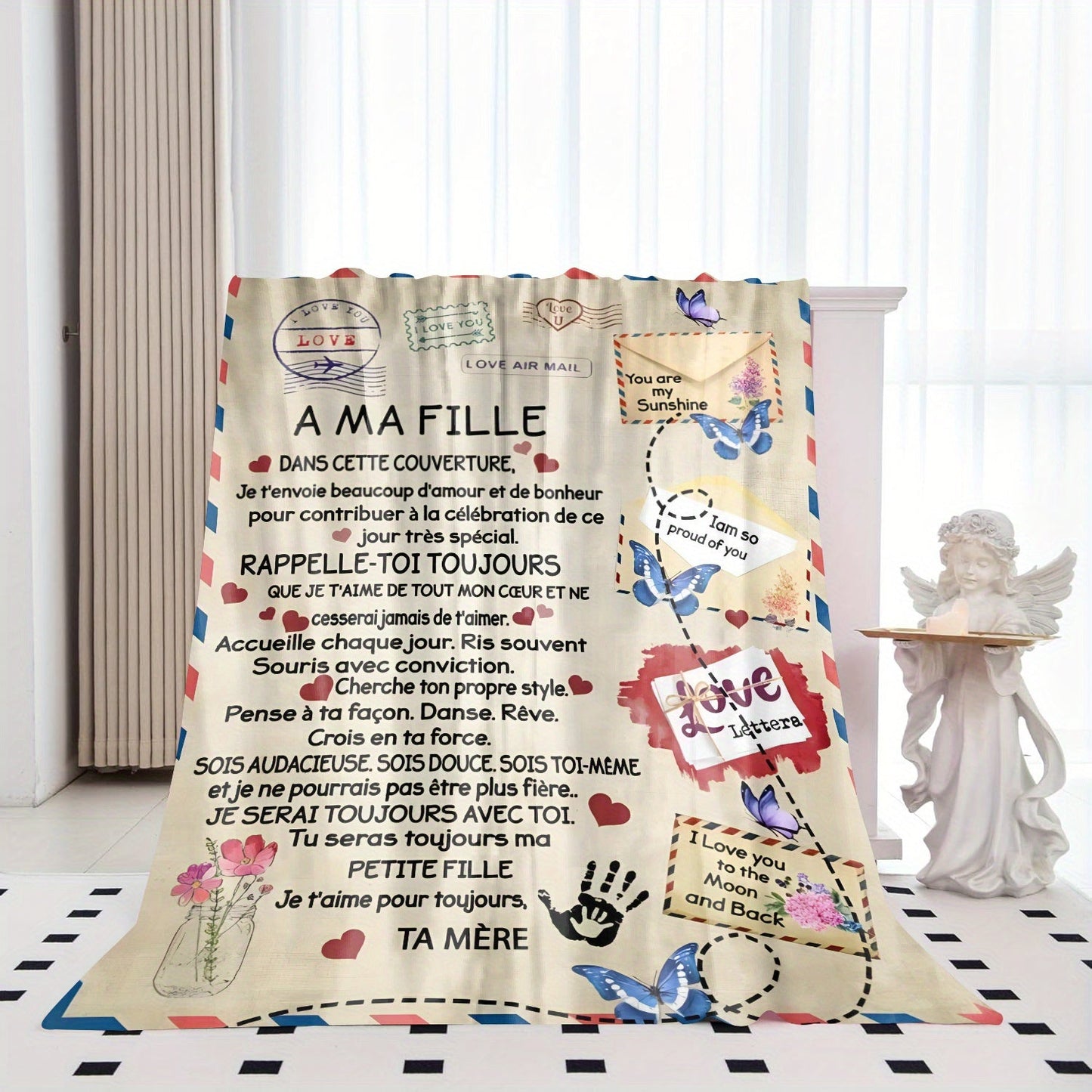 This personalized French Letter Envelope Print Flannel Throw Blanket is the perfect gift for your daughter. Featuring a soft knitted all-season cozy blanket with a personalized text message design, this blanket is made of polyester and has a lodge style.