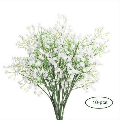 10 elegant white artificial baby's breath flowers with long UV-resistant stems for DIY floral arrangements and home decor, perfect for weddings, parties, and special occasions.