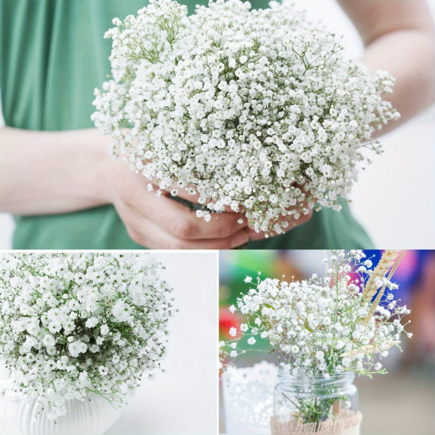 10 elegant white artificial baby's breath flowers with long UV-resistant stems for DIY floral arrangements and home decor, perfect for weddings, parties, and special occasions.