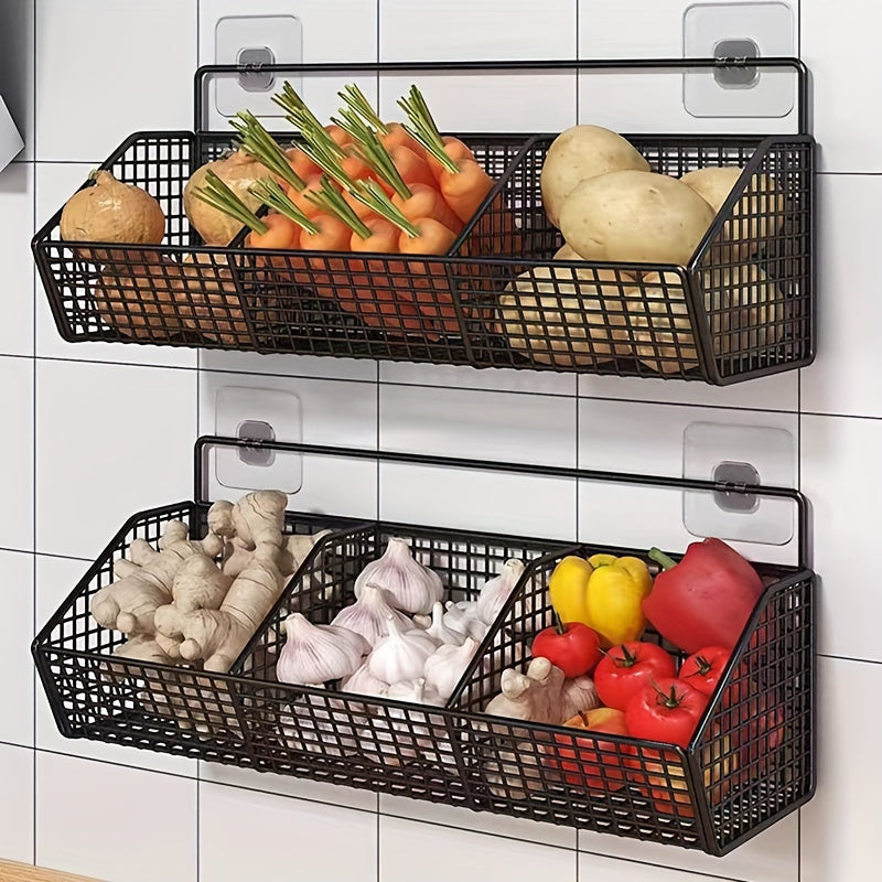 Wall-mounted kitchen storage basket for organizing vegetables, garlic, and onions. Made of durable metal, this versatile hanging organizer rack is ideal for small kitchen and bathroom storage. No batteries required.