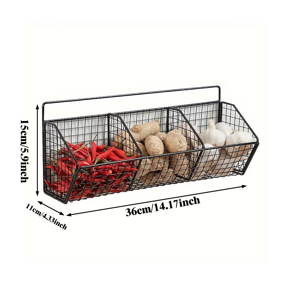 Wall-mounted kitchen storage basket for organizing vegetables, garlic, and onions. Made of durable metal, this versatile hanging organizer rack is ideal for small kitchen and bathroom storage. No batteries required.