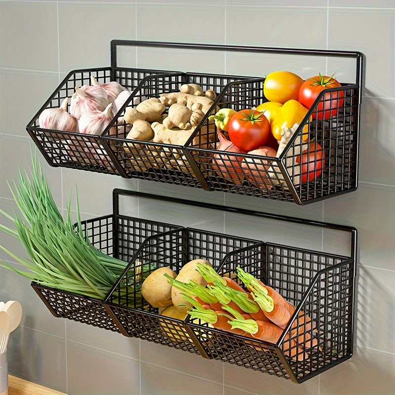 Wall-mounted kitchen storage basket for organizing vegetables, garlic, and onions. Made of durable metal, this versatile hanging organizer rack is ideal for small kitchen and bathroom storage. No batteries required.