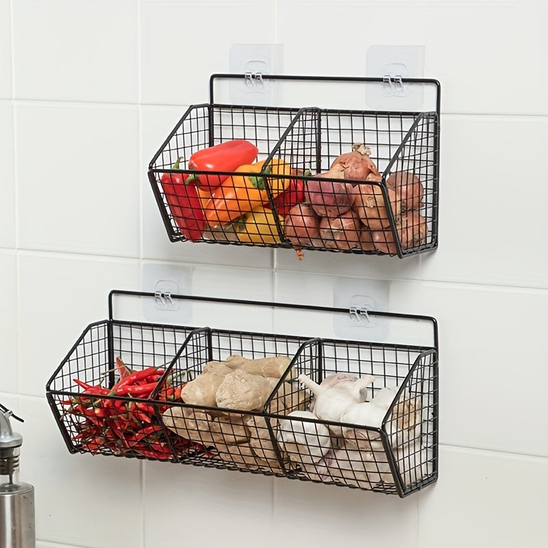 Wall-mounted kitchen storage basket for organizing vegetables, garlic, and onions. Made of durable metal, this versatile hanging organizer rack is ideal for small kitchen and bathroom storage. No batteries required.