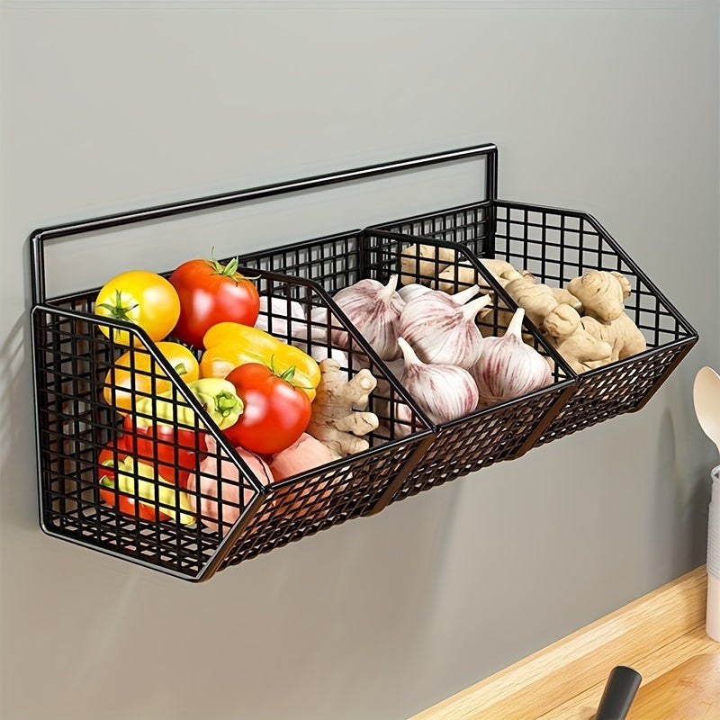 Wall-mounted kitchen storage basket for organizing vegetables, garlic, and onions. Made of durable metal, this versatile hanging organizer rack is ideal for small kitchen and bathroom storage. No batteries required.