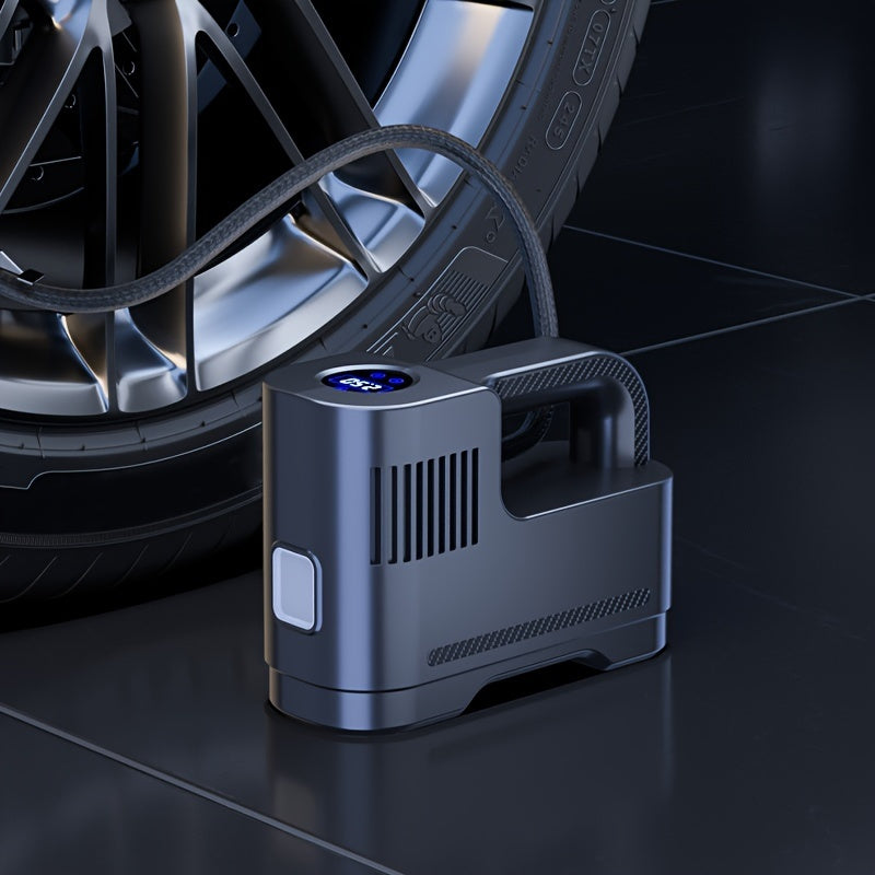 Portable air compressor pump with corded digital tire inflator, suitable for cars and motorcycles, featuring LED lights.