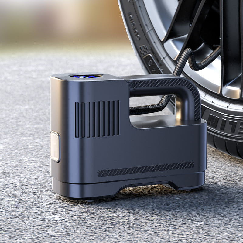 Portable air compressor pump with corded digital tire inflator, suitable for cars and motorcycles, featuring LED lights.