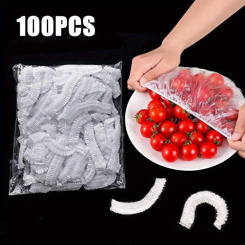 Set of 100 Reusable Elastic Food Covers - Stretchable Plastic Wrap for Maintaining Freshness, Ideal for Kitchen and Restaurant Applications, Adhesive Food Covers