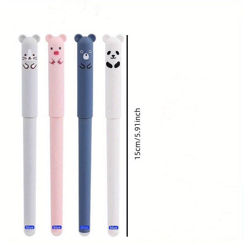 46-piece erasable gel pen set with cute animal designs, including pig, bear, panda, and mouse themed pens. Kit includes 40 refill cartridges, 2 erasers, washable handles, smooth writing