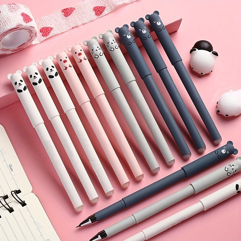 46-piece erasable gel pen set with cute animal designs, including pig, bear, panda, and mouse themed pens. Kit includes 40 refill cartridges, 2 erasers, washable handles, smooth writing