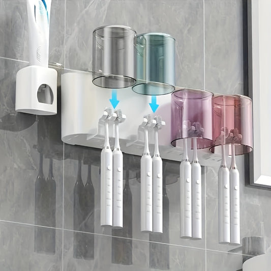 Wall mounted toothbrush and toothpaste holder with suction cups. Plastic bathroom organizer set with toothbrush slots and mouthwash cups. Space saving storage rack for family dental hygiene.