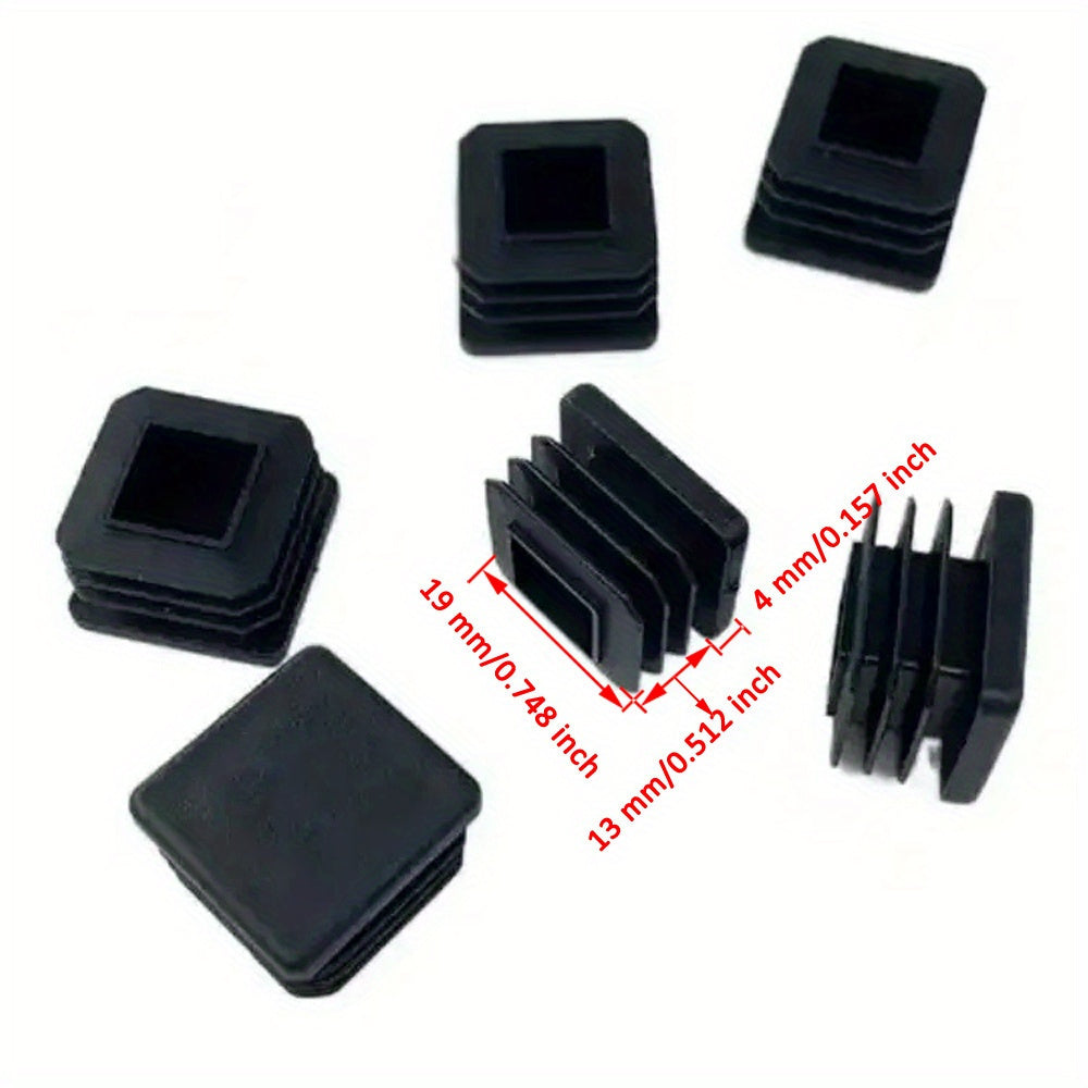 Protective black plastic caps designed specifically for 19mm square table feet to safeguard metal tubing and furniture legs from potential damage.