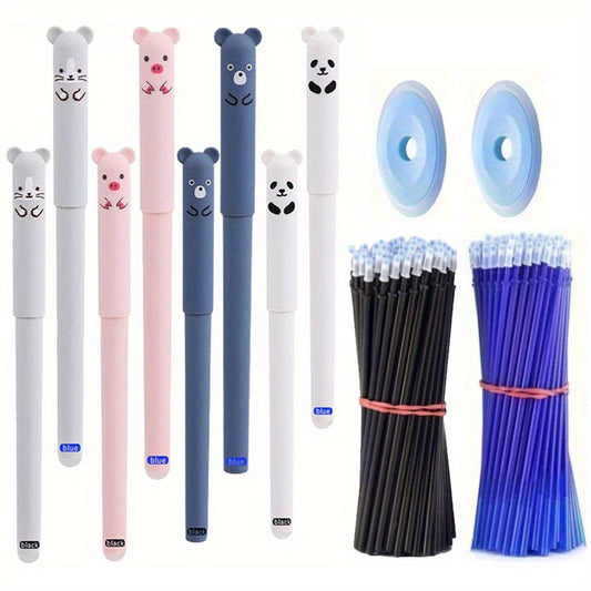 46-piece erasable gel pen set with cute animal designs, including pig, bear, panda, and mouse themed pens. Kit includes 40 refill cartridges, 2 erasers, washable handles, smooth writing