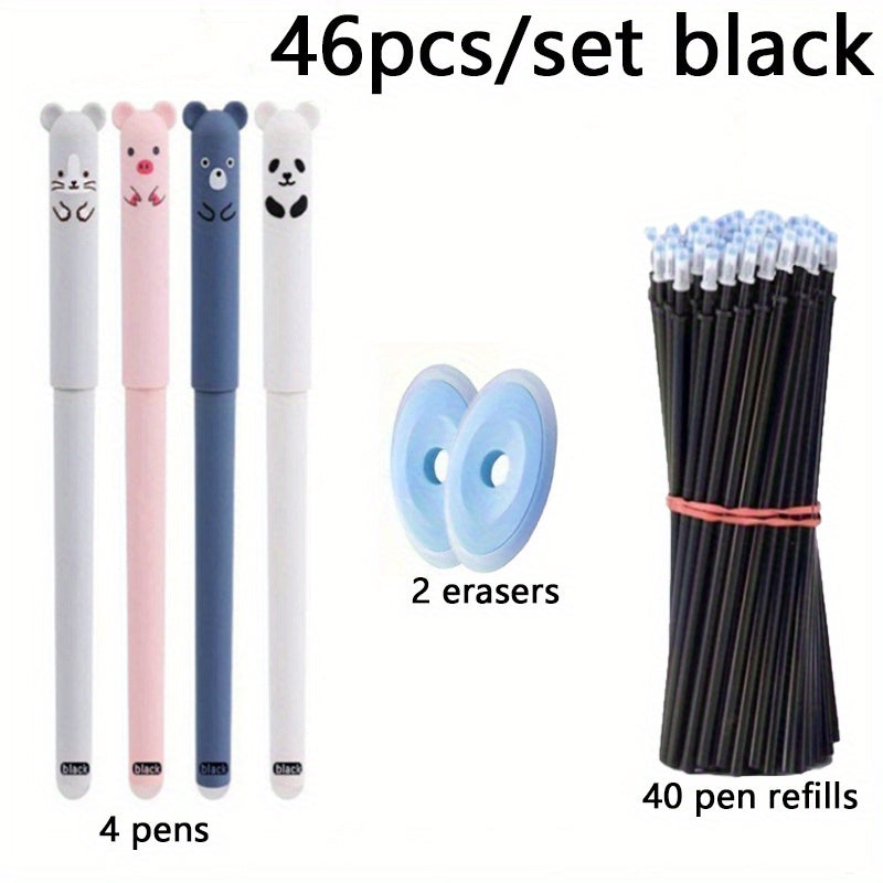 46-piece erasable gel pen set with cute animal designs, including pig, bear, panda, and mouse themed pens. Kit includes 40 refill cartridges, 2 erasers, washable handles, smooth writing