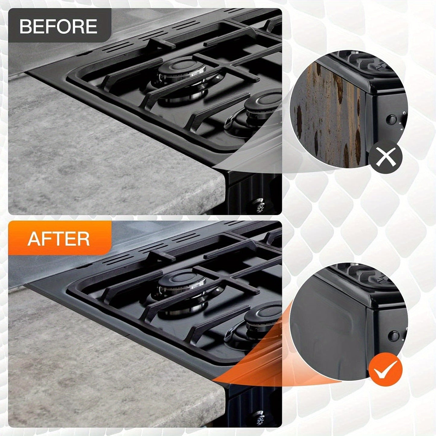 Получите 2-Pack Stainless Steel Stove Gaps Filler, стильный набор декора для плиты, который устойчив к нагреву и легко чистится. Этот расширяемый аксессуар имеет длину от 35,05 до 69,85 см и ширину 2,01 см, что делает его идеальным дополнением к