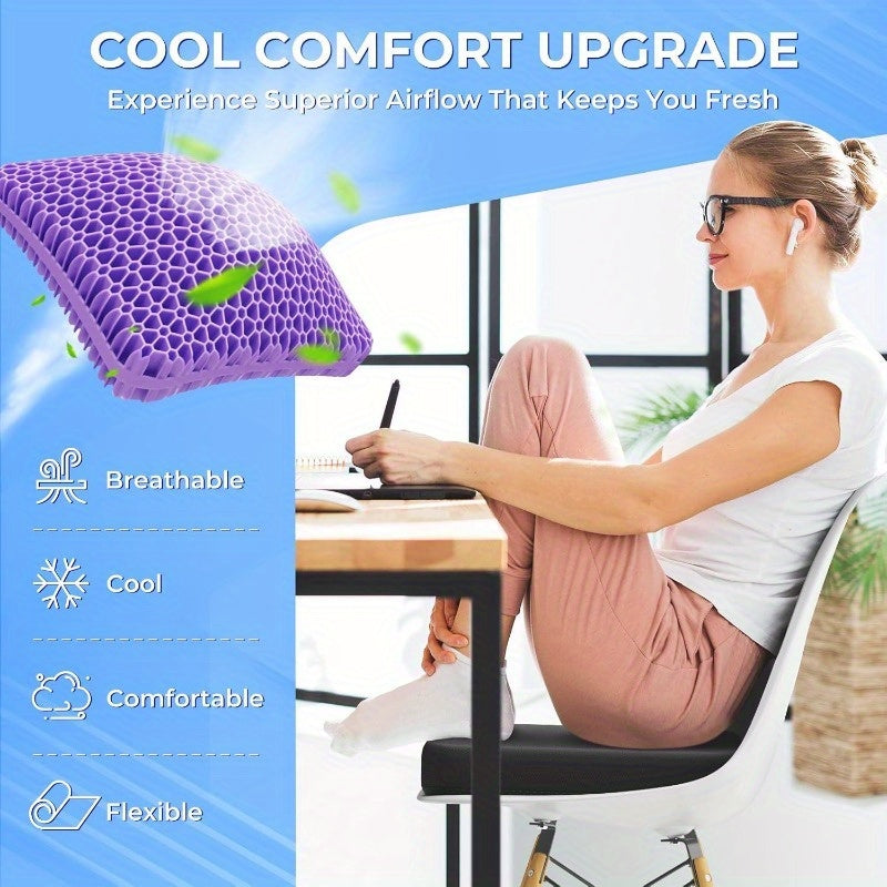 Large gel seat cushion with breathable cooling technology for long-term comfort in office chairs or wheelchairs.