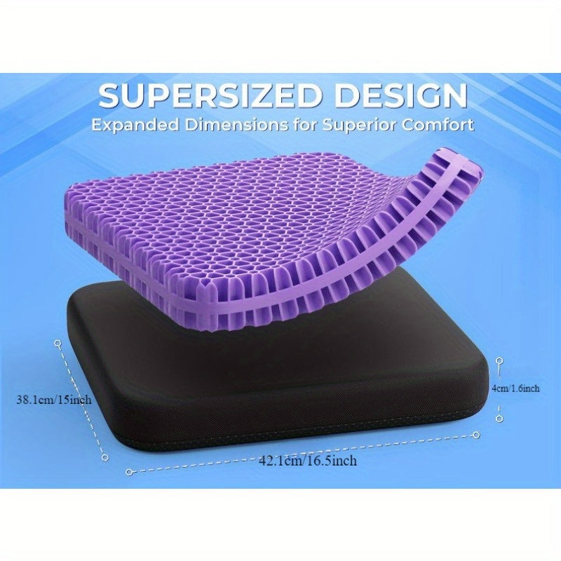 Large gel seat cushion with breathable cooling technology for long-term comfort in office chairs or wheelchairs.