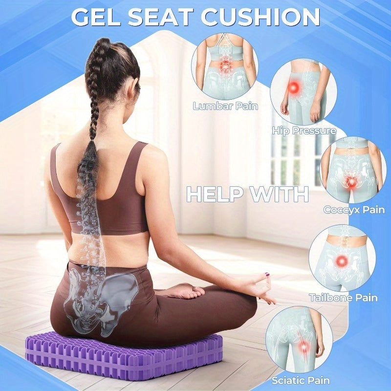 Large gel seat cushion with breathable cooling technology for long-term comfort in office chairs or wheelchairs.