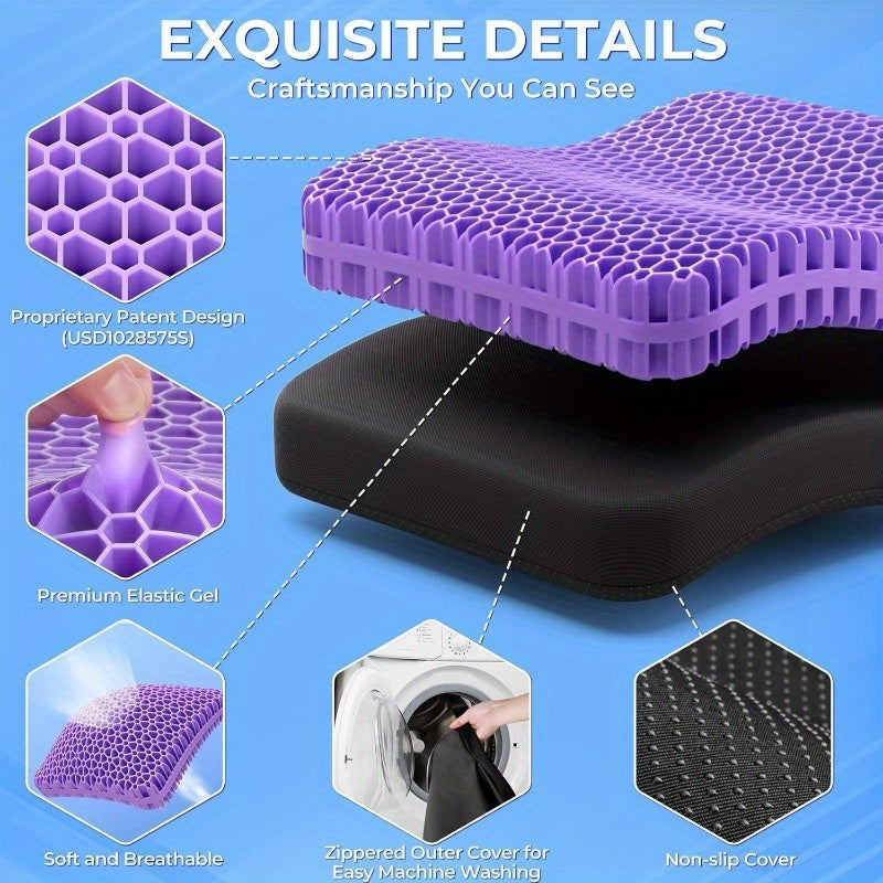 Large gel seat cushion with breathable cooling technology for long-term comfort in office chairs or wheelchairs.