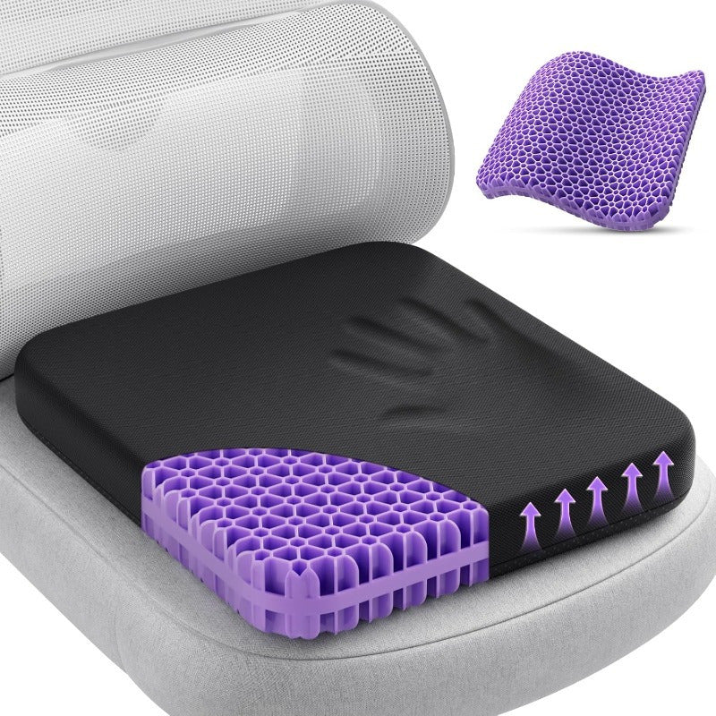 Large gel seat cushion with breathable cooling technology for long-term comfort in office chairs or wheelchairs.